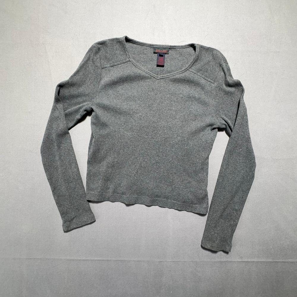 Ralph Ralph Lauren Gray Ribbed Knit Long Sleeve V-Neck Cotton Top Sz M